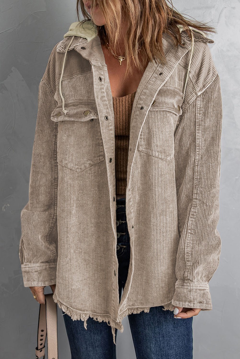 Snap Front Hooded Corduroy Shacket - Roaming Gypsy Boutique