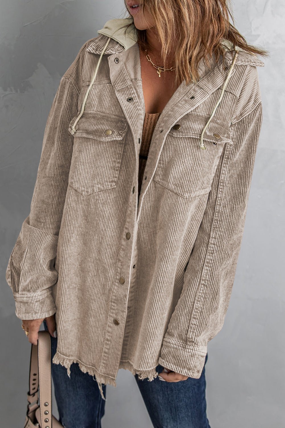 Snap Front Hooded Corduroy Shacket - Roaming Gypsy Boutique