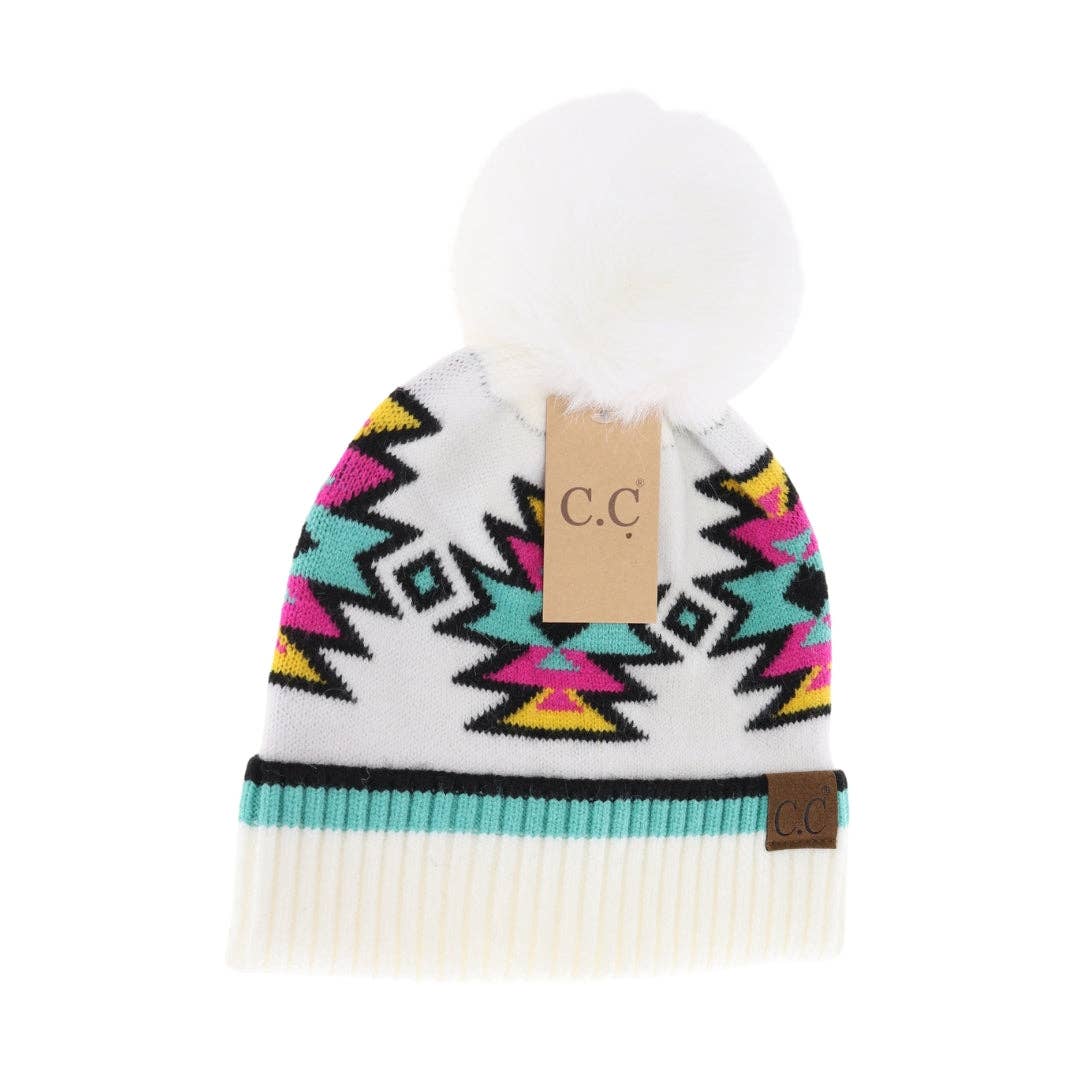 Southwestern Faux Fur Pom C.C Beanie - Roaming Gypsy Boutique