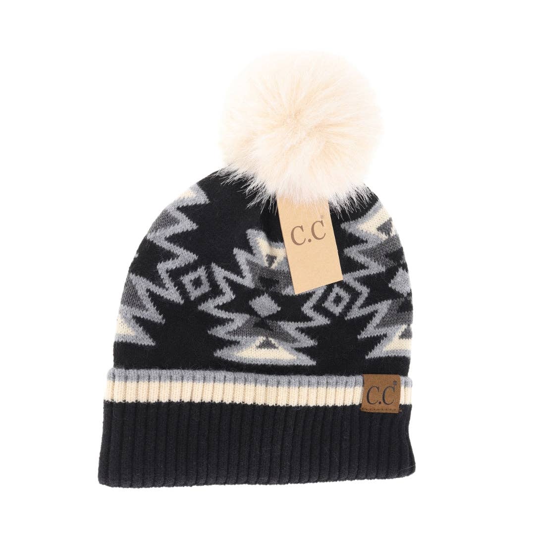 Southwestern Faux Fur Pom C.C Beanie - Roaming Gypsy Boutique