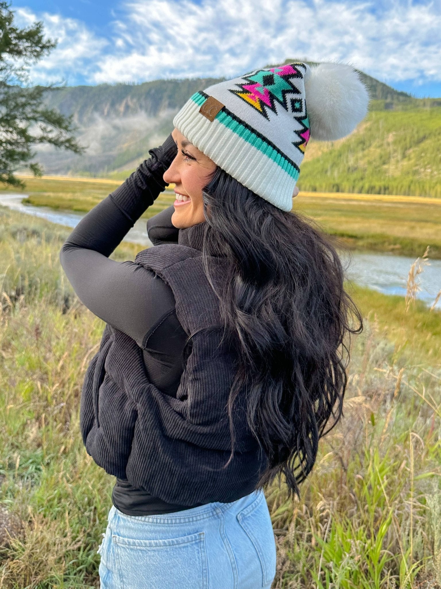 Southwestern Faux Fur Pom C.C Beanie - Roaming Gypsy Boutique