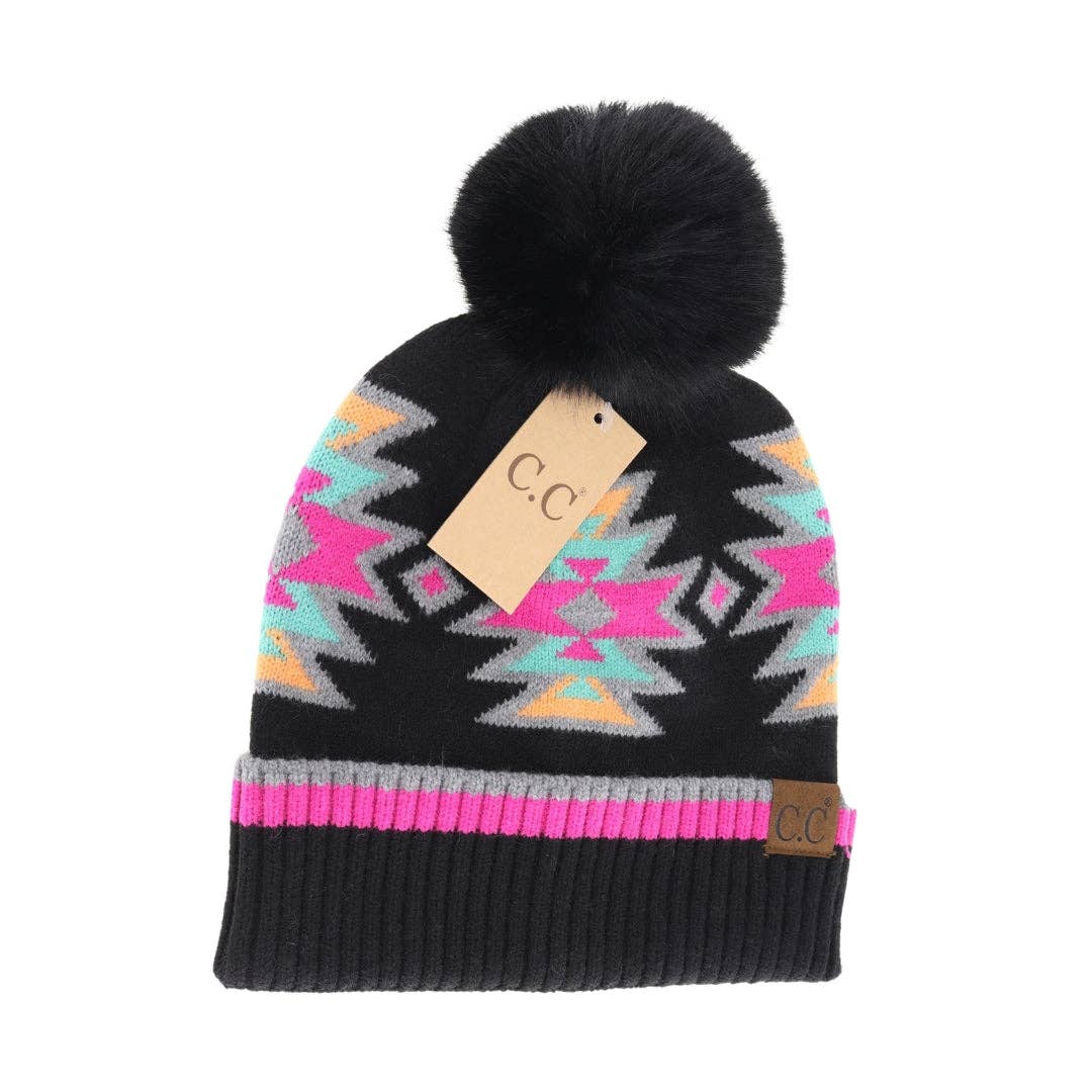 Southwestern Faux Fur Pom C.C Beanie - Roaming Gypsy Boutique