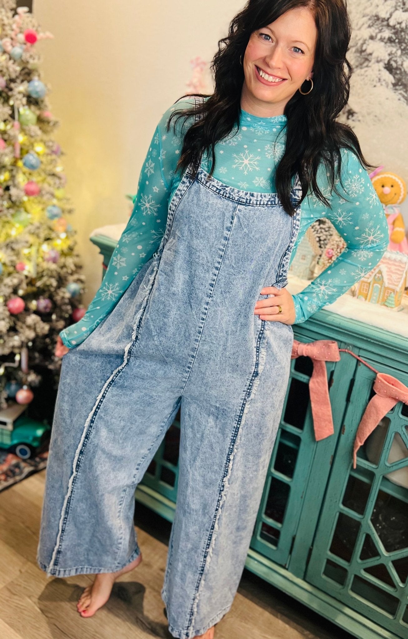 Square Neck Wide Strap Denim Overalls - Roaming Gypsy Boutique