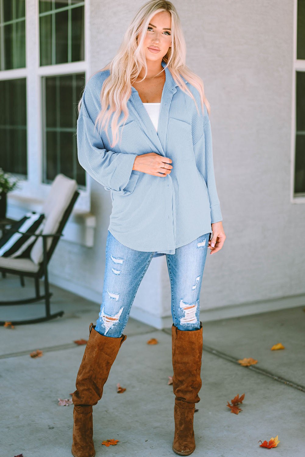 Striped Collared Neck Long Sleeve Shirt - Roaming Gypsy Boutique