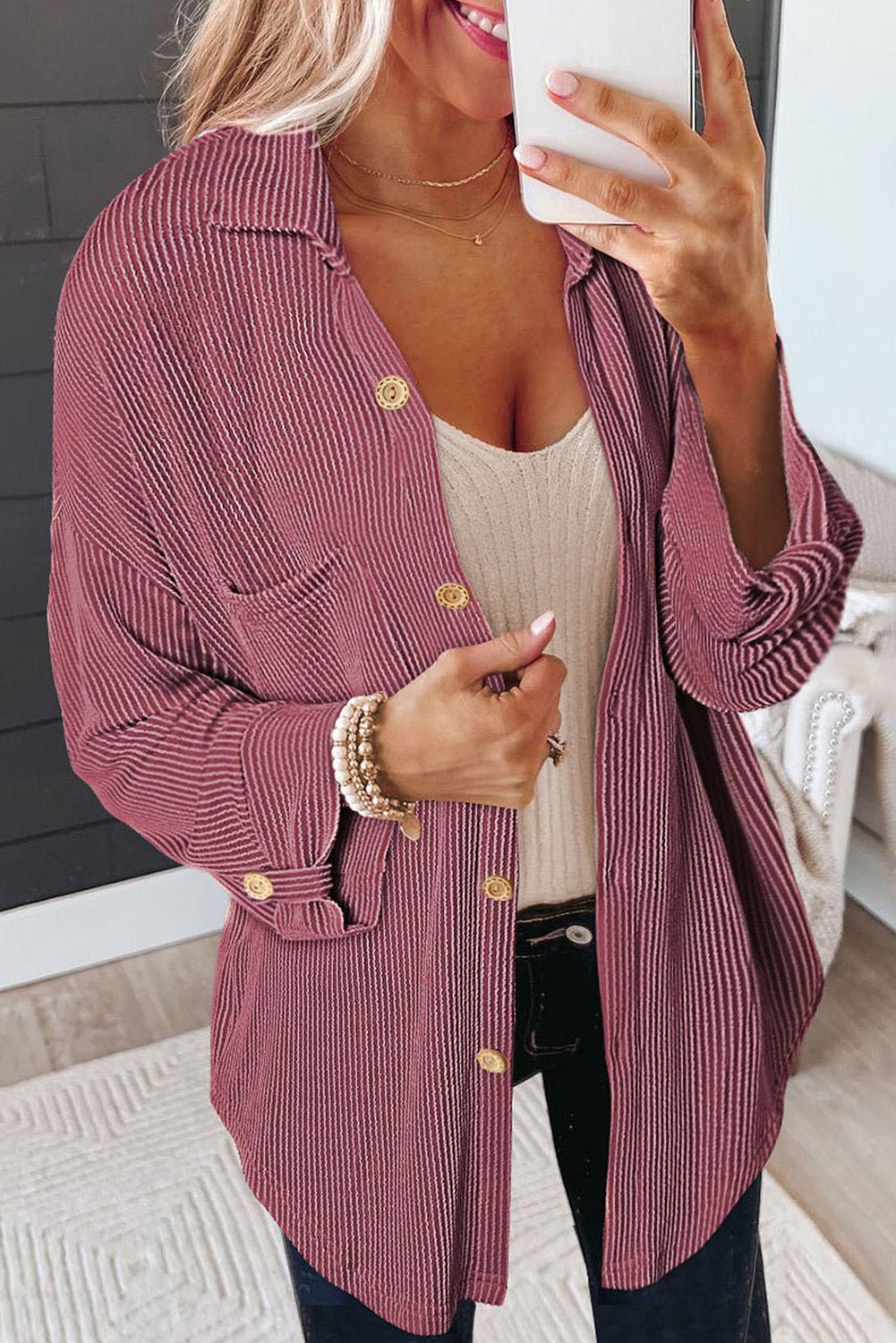 Striped Collared Neck Long Sleeve Shirt - Roaming Gypsy Boutique