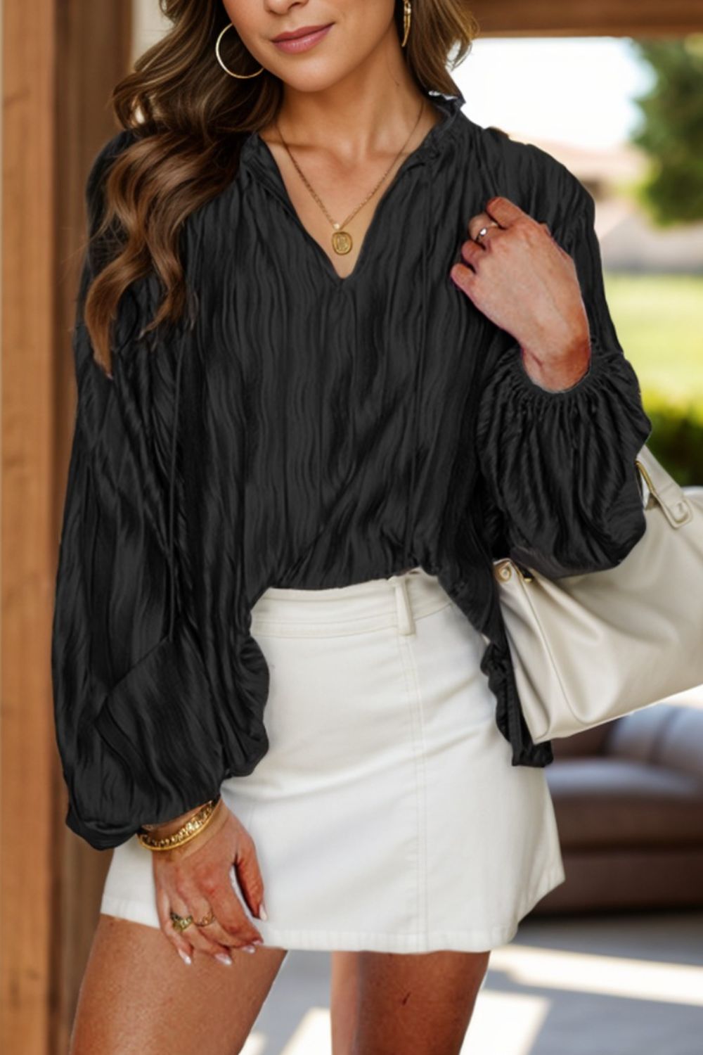 Tie Neck Long Sleeve Blouse - Roaming Gypsy Boutique