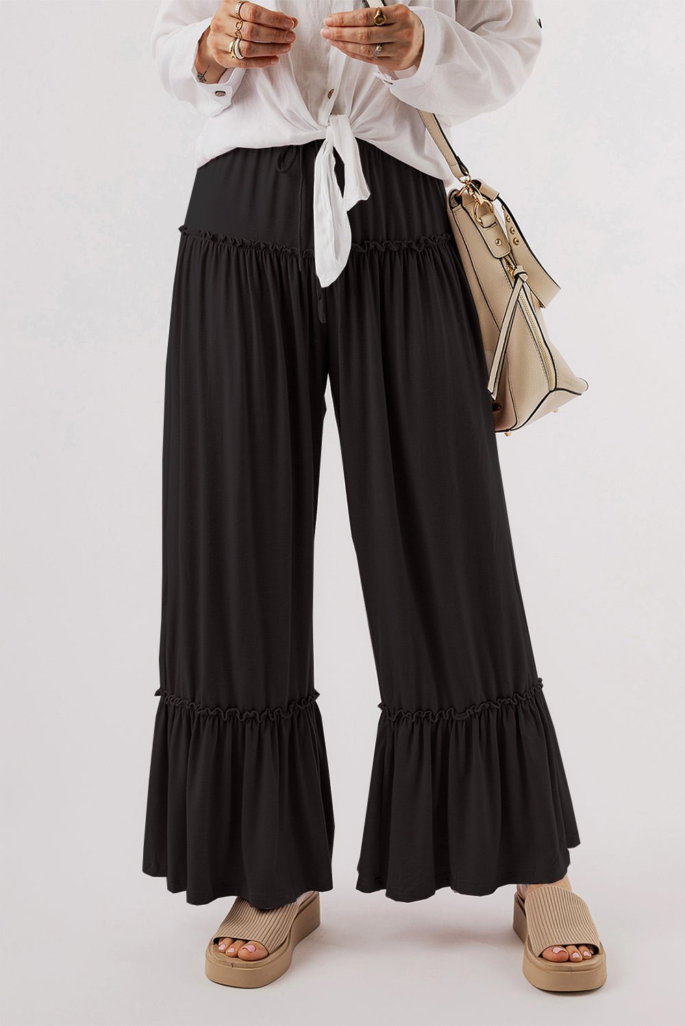 Tied Frill Ruched Bootcut Pants - Roaming Gypsy Boutique