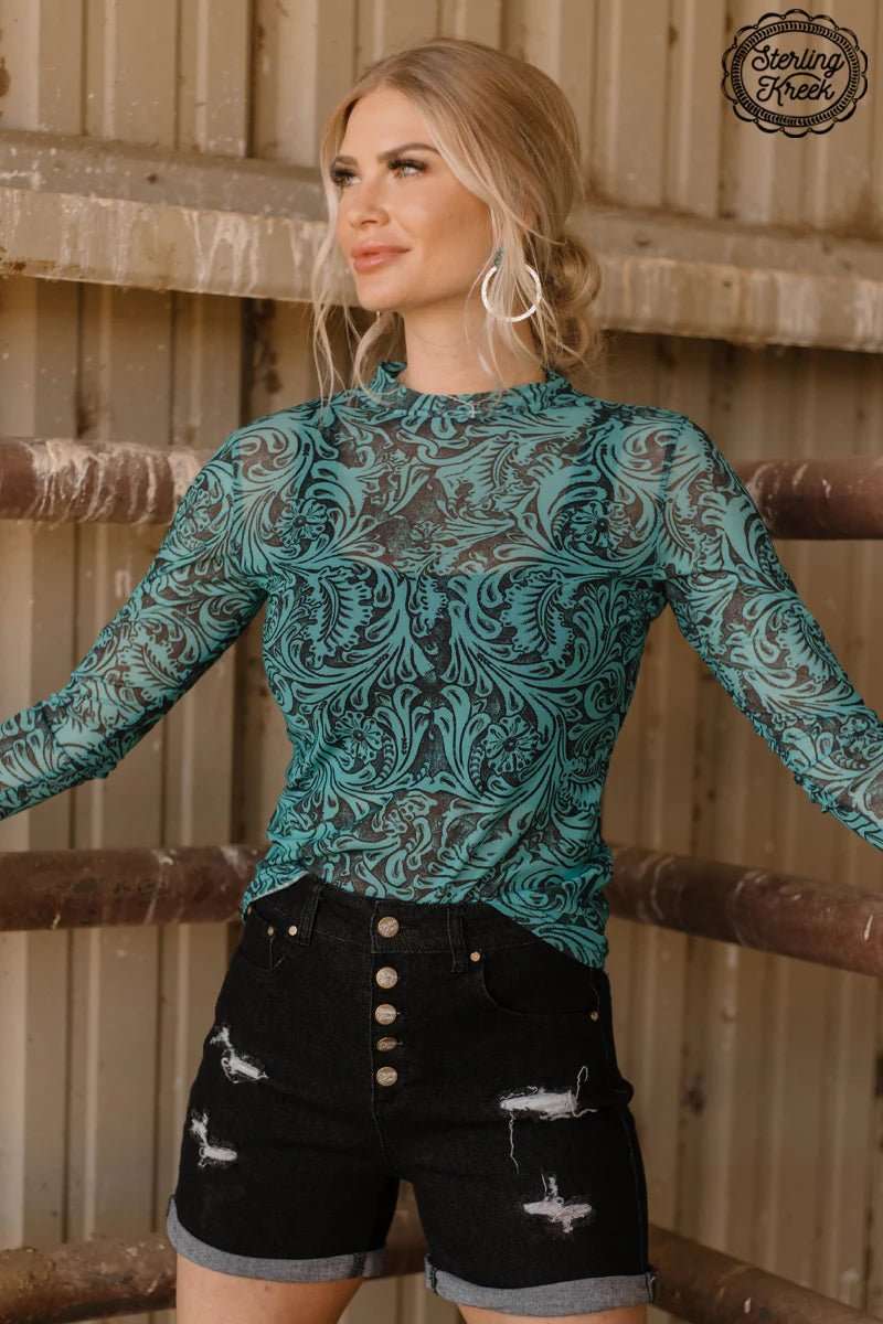 Tooled In Turquoise Mesh Top - Roaming Gypsy Boutique