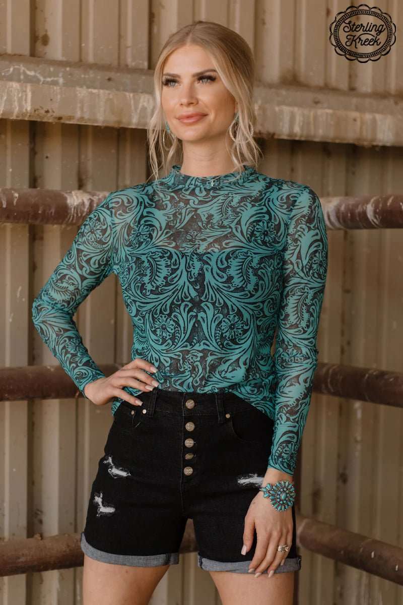 Tooled In Turquoise Mesh Top - Roaming Gypsy Boutique