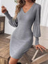 V - Neck Lantern Sleeve Dress - Roaming Gypsy Boutique