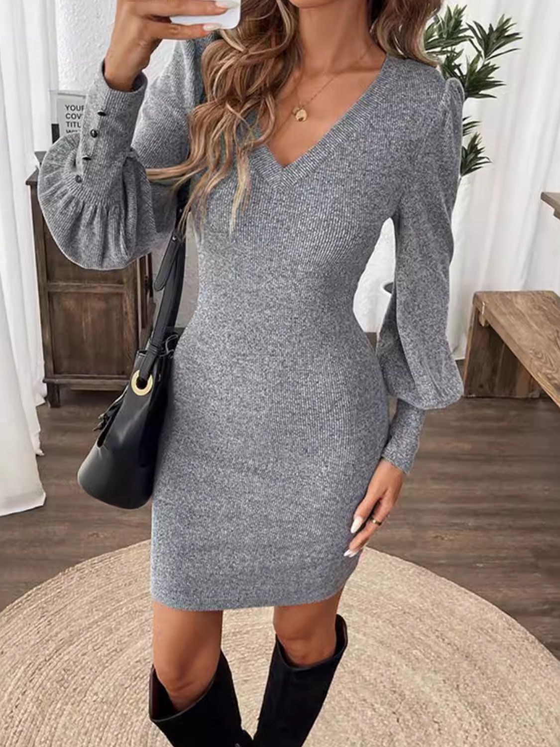 V - Neck Lantern Sleeve Dress - Roaming Gypsy Boutique