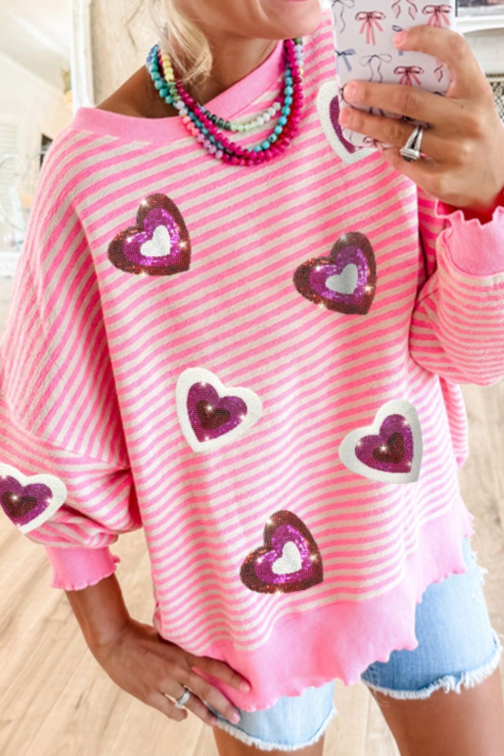 Valentine’s Day Sequin Heart Striped Round Neck Long Sleeve Sweatshirt - Roaming Gypsy Boutique