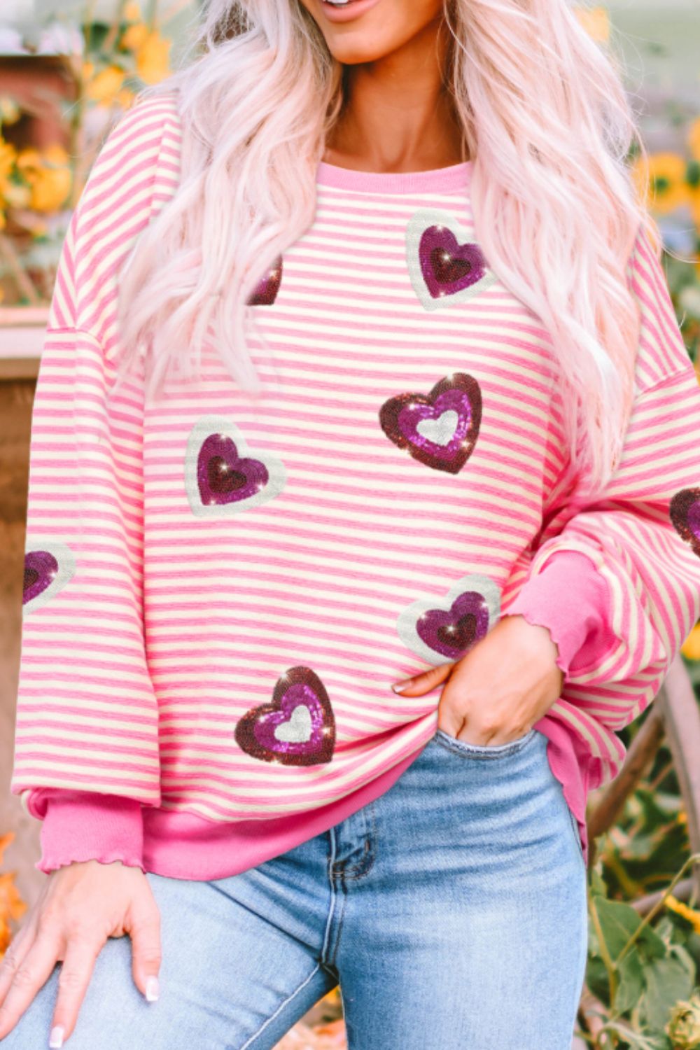 Valentine’s Day Sequin Heart Striped Round Neck Long Sleeve Sweatshirt - Roaming Gypsy Boutique