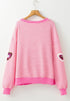 Valentine’s Day Sequin Heart Striped Round Neck Long Sleeve Sweatshirt - Roaming Gypsy Boutique